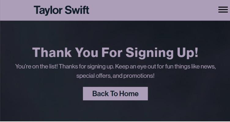Página de agradecimiento en la web de Taylor Swift después de registrar un correo electrónico que promete diversión y ofertas