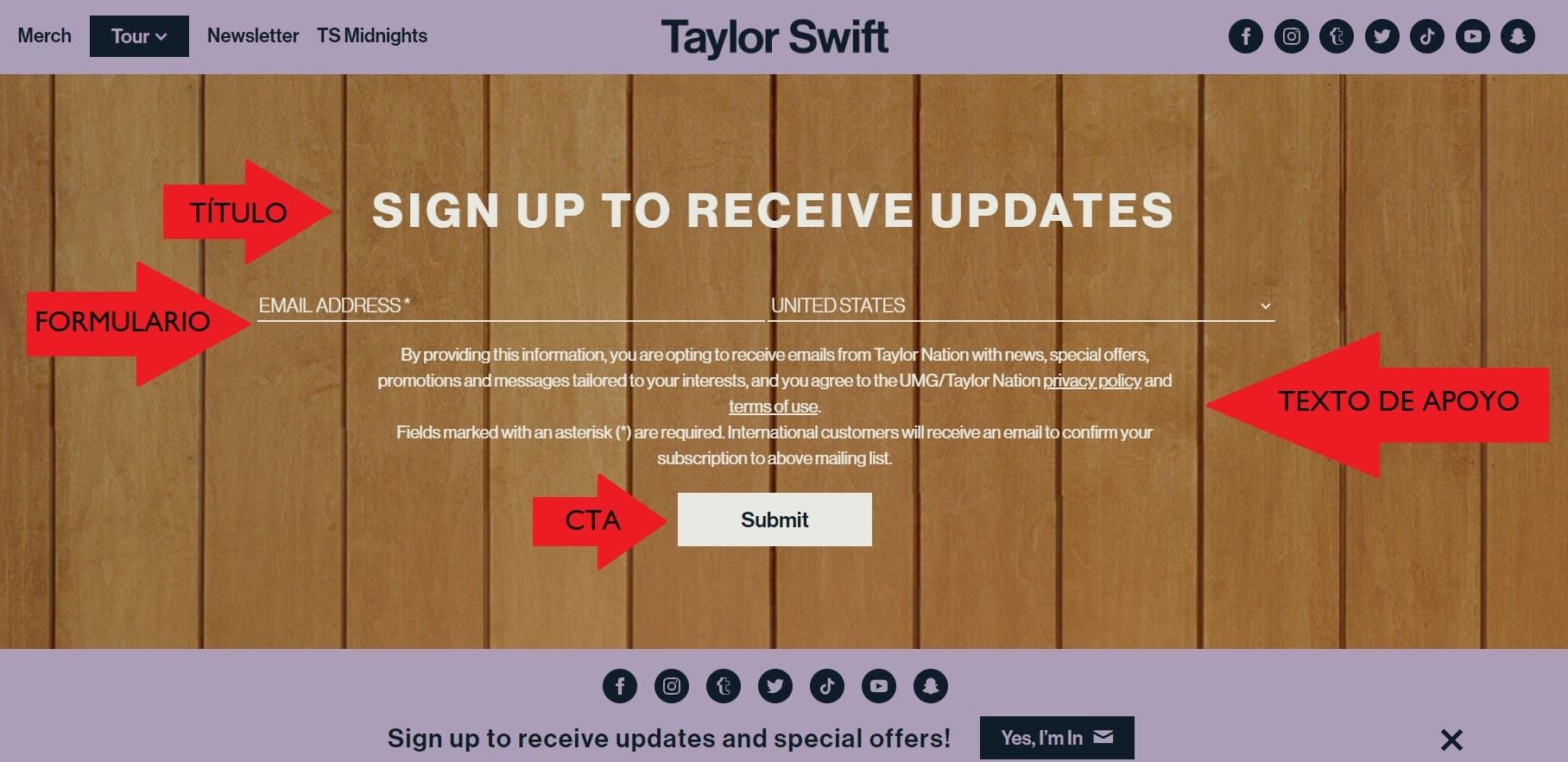 Captura de pantalla de la squeeze page en el sitio de la cantante Taylor Swift