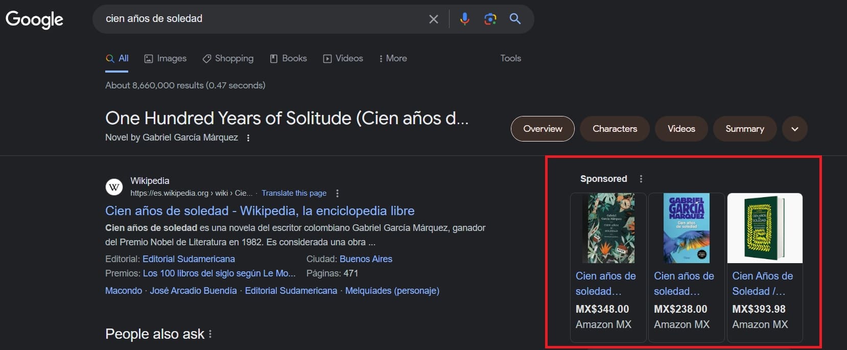 Resultados de búsqueda de Google para el libro Cien Años de Soledad que muestra tarjetas de compra en Amazon México