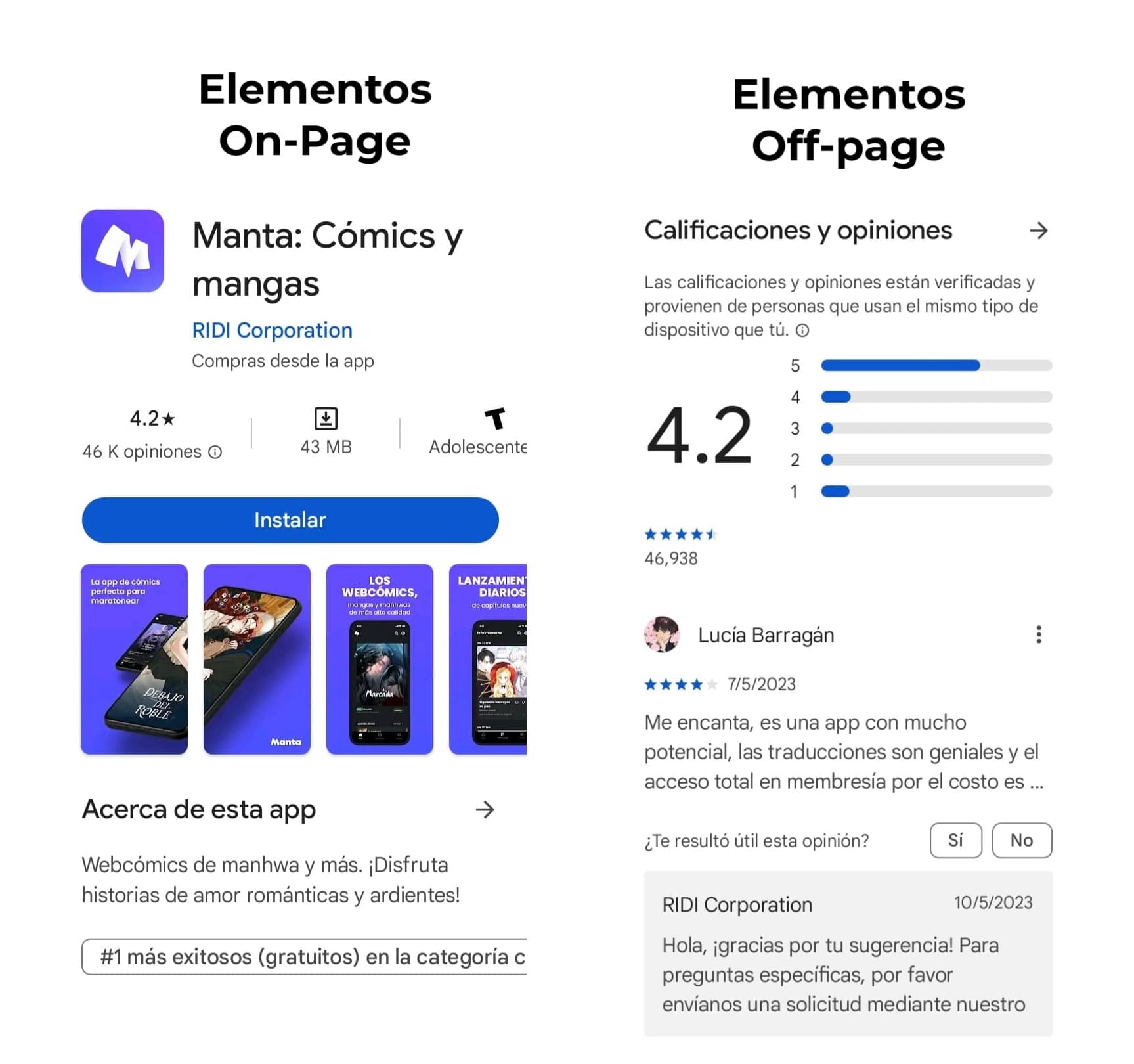 Capturas de pantalla de una aplicación tal como aparece en Google Play Store y que muestra algunos de los factores de posicionamiento on-page y off-page