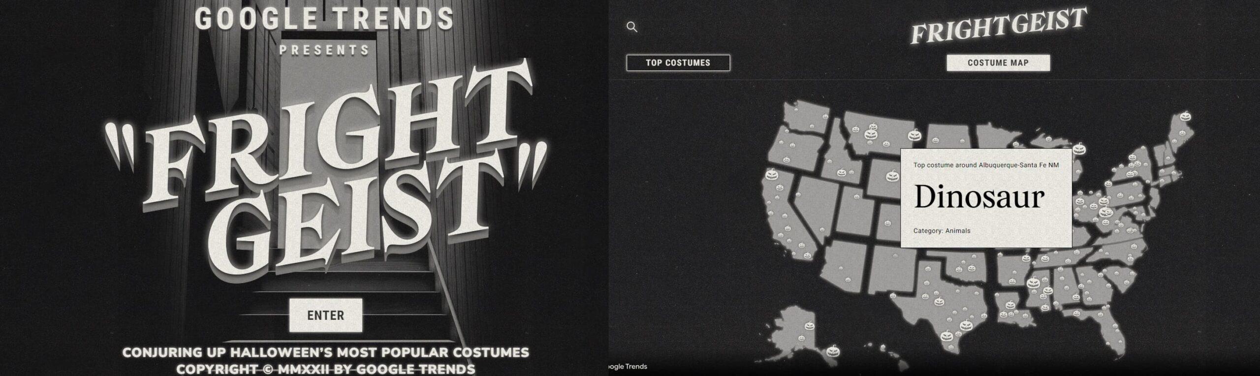 Captura de pantalla que muestra un artículo interactivo sobre los disfraces más populares para Halloween en Estados Unidos.