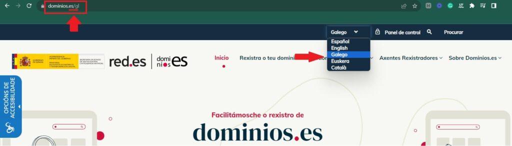 Captura de pantalla que muestra una URL con dominio de nivel superior de España y un subdominio para lengua gallega.