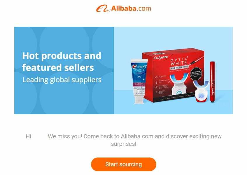  Email publicitario - como parte del método AIDA en ventas - del sitio Alibaba pidiendo a un usuario previo que regrese, pues hay nuevas y emocionantes promociones.