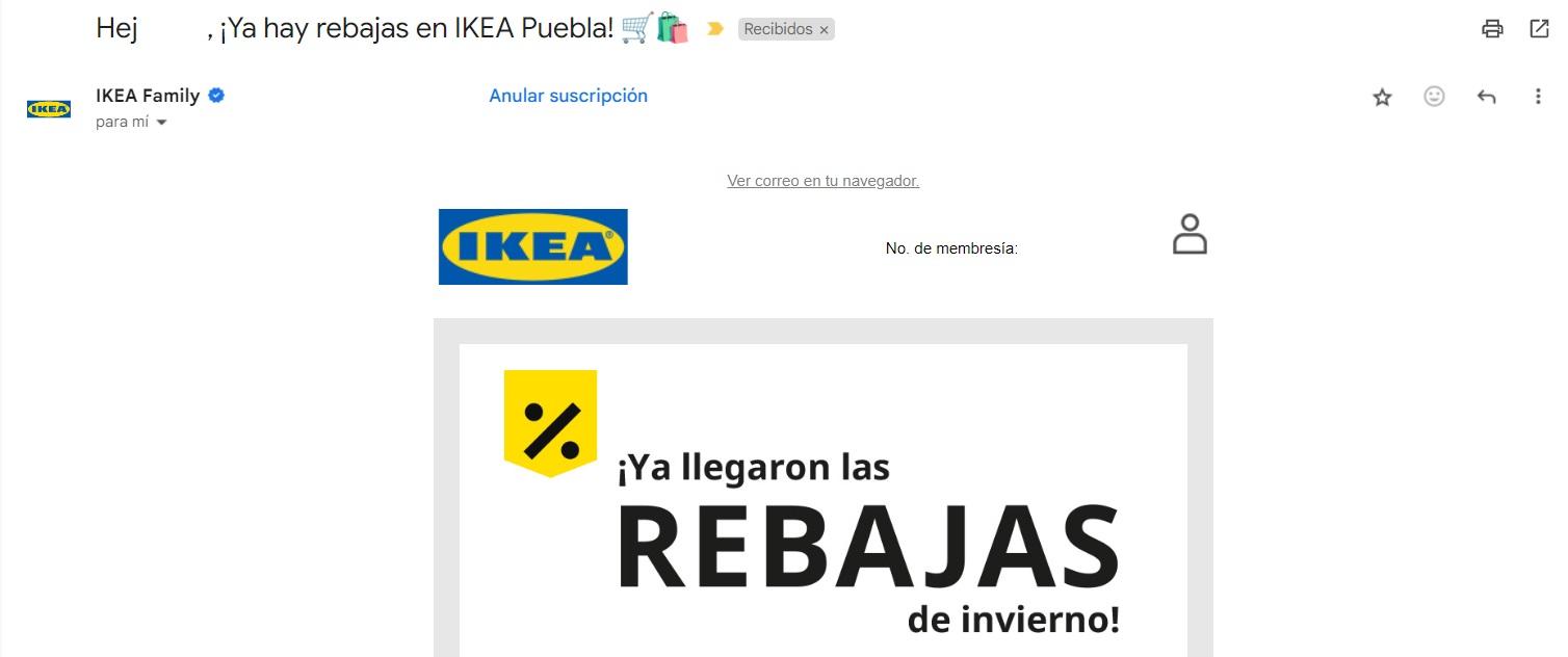 Encabezado de un correo publicitario de Ikea, este es el segundo elemento en la estructura de un email marketing.